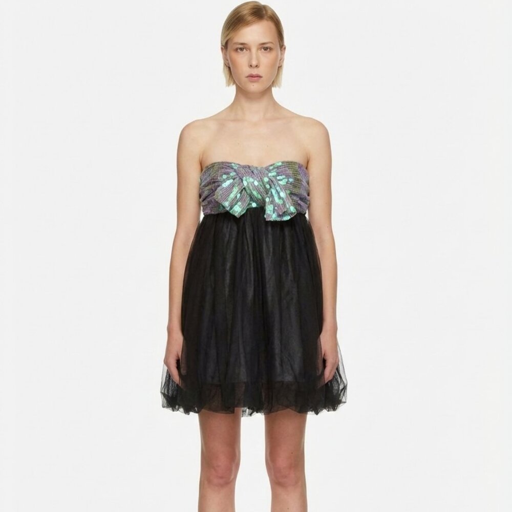 BROSE Holt Renfrew Babydoll Y2K Bubble Hem Strapless Sequin Black Mini Dress‎ 2